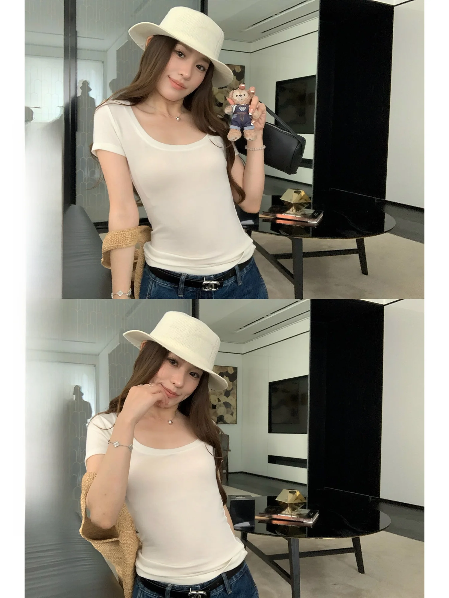 

Hhyii Women's Slim Fit Short Sleeve T-Shirt Soft Skin Feeling Woolen Texture Versatile Casual Style Summer Top