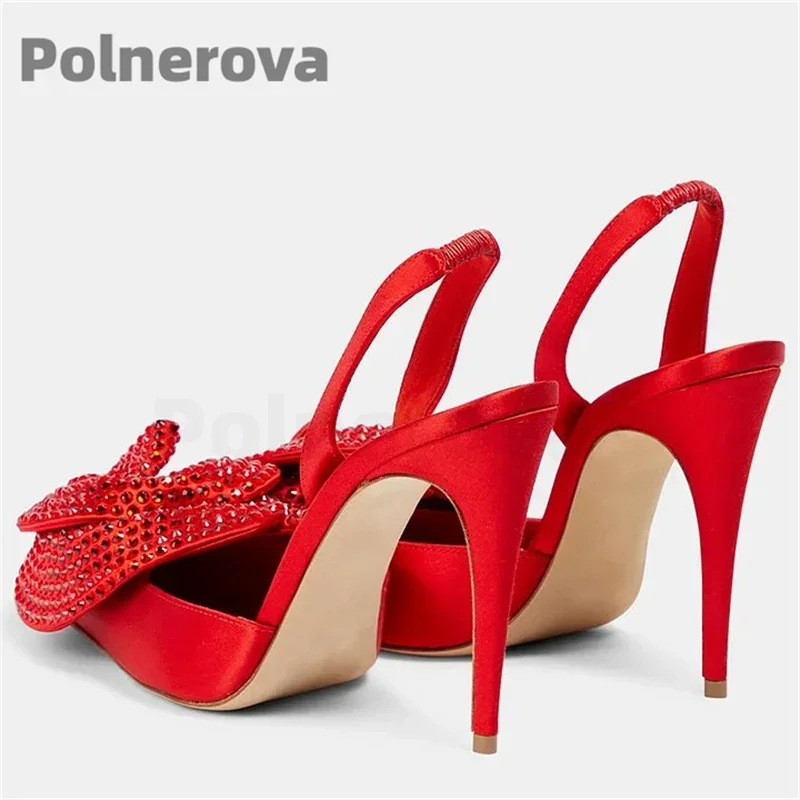 حجر الراين الزهور الأحمر الساتان الصنادل النساء Slingback سوبر عالية الكعب أحذية الزفاف أشار تو جوفاء أحذية نسائية صيف جديد #1