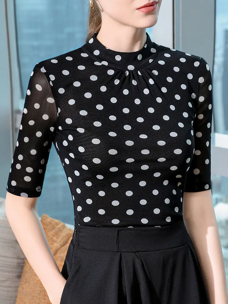 

Женская футболка для латинских танцев, новинка 2024, осенний однотонный топ с воротником-стойкой и короткими рукавами в горошек