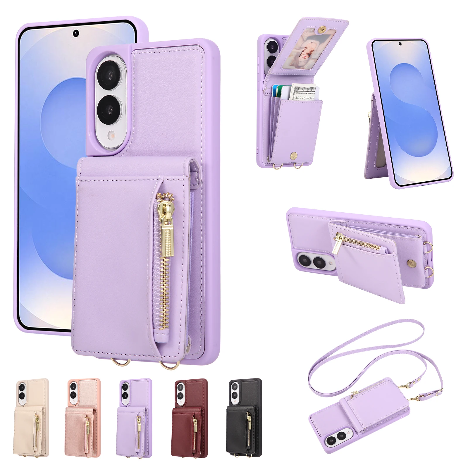 Dompet Kulit dengan Resleting dan Slot Kartu untuk Samsung S25 Ultra S24 Plus S23 S22 A13 A04, Pelindung Ponsel Anti Benturan dengan Penyangga