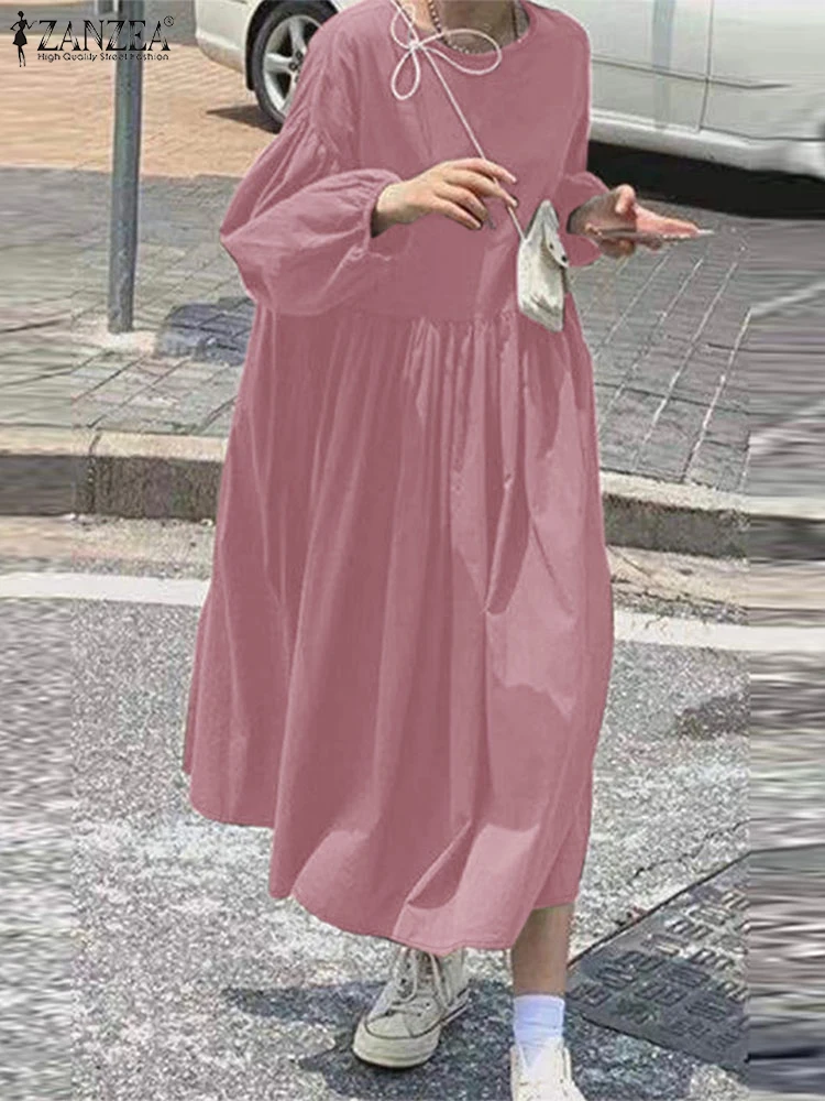 ZANZEA 2024 Fall Vacation A-line Vestidos Solid Women O Neck Korean Fashion Midi Dress Loose Casual Long Puff Sleeve Smock Dress