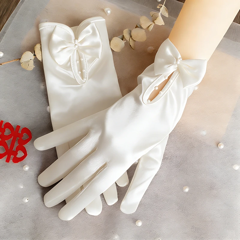 

Women's Satin Bridal Gloves Elegant Bowknot with Pearl Mittens Wedding Photography Opera Adult Dance Dinner Accessories