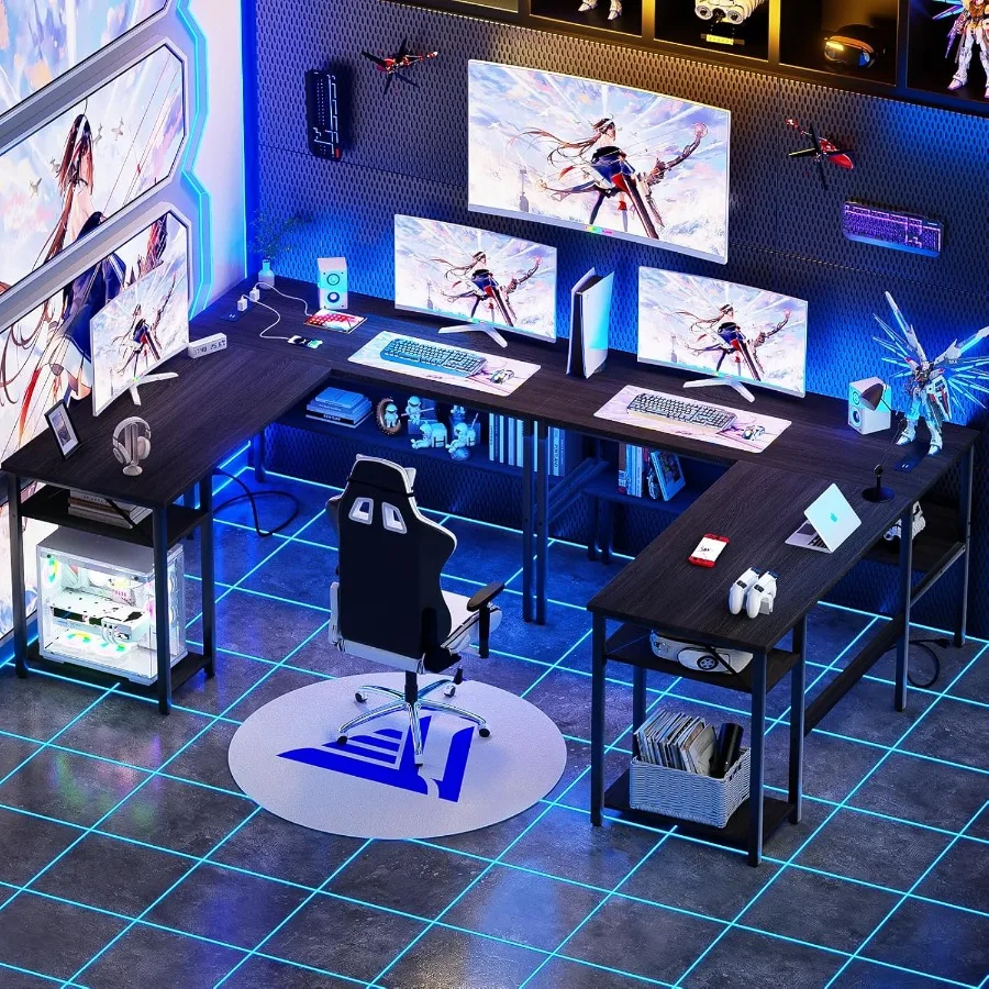 مكتب على شكل حرف L قابل للعكس مع منافذ طاقة سحرية ومنافذ شحن USB للمكتب المنزلي وإعداد الألعاب وحساب زاوية قوي #2