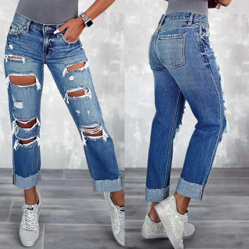 

High Quality Hollow Out Ripped Straight Jeans Women Blue High Waist Mom Denim Hole Streetwear Pants