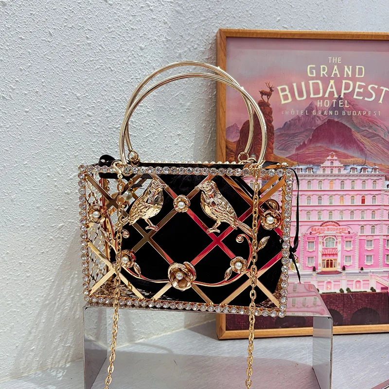 

Металлическая блестящая клетка для птиц со стразами, обеденная сумка, светлая роскошная индивидуальная простая полая сумка для знаменитостей