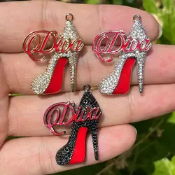 5Pcs Cubic Zirconia Pave High Heel Shoes Charms Diva Words Pendants For Woman Bracelets Necklace Making Jewelry Accessories