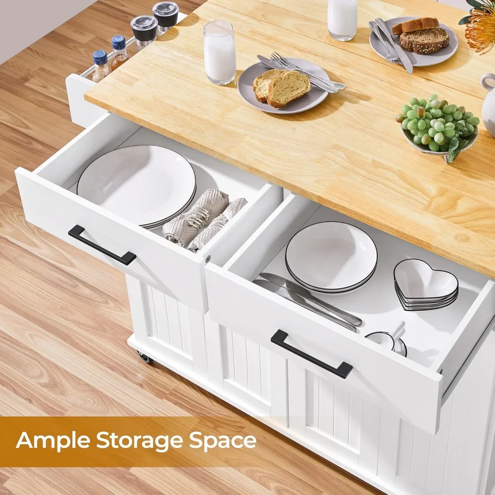 عربة جزيرة المطبخ المتدحرجة مع أوراق متدلية، جزيرة بعرض 49 بوصة على عجلات مع خزانة وأدراج، سطح من الخشب المطاطي، منفصل