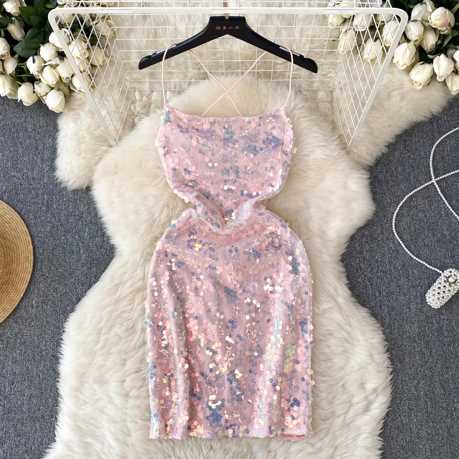 

Sexy Women Blingbling Pink Spaghetti Strap Dress Summer Elegant Sequins Backless Gown Club Wear Slip Dress Female