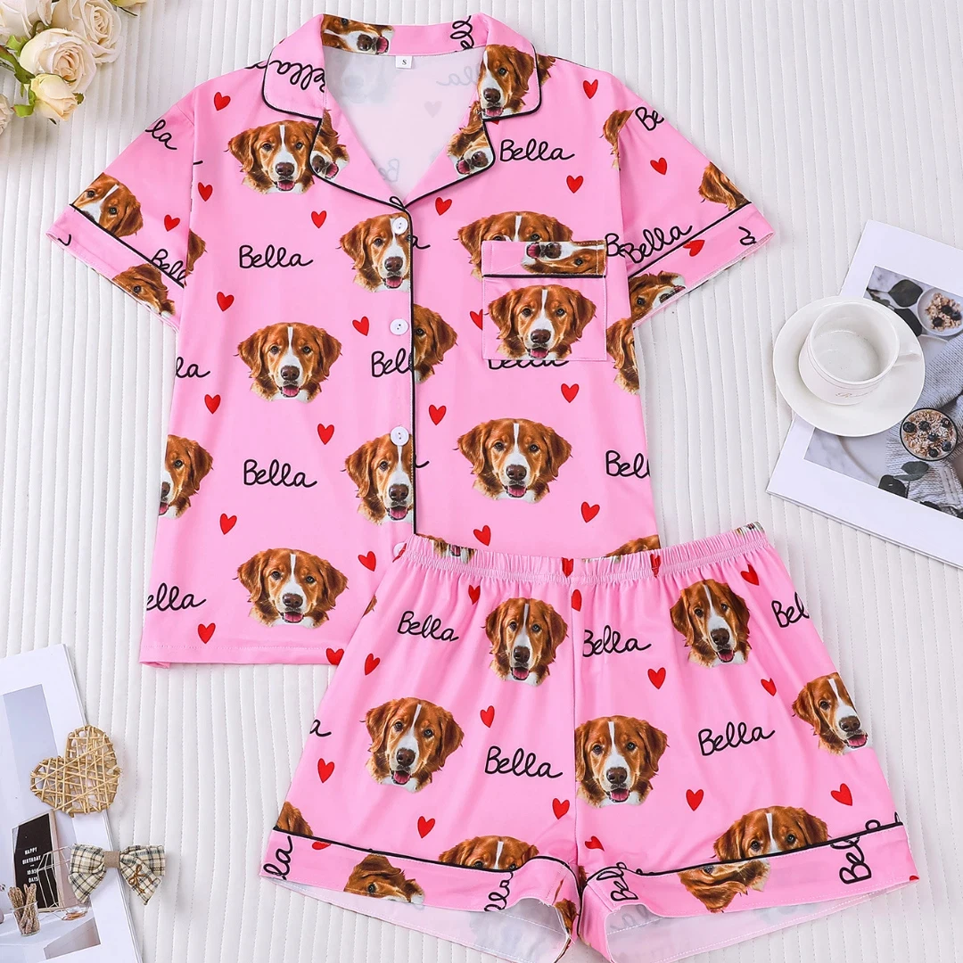 

Розовый женский пижамный комплект с принтом животных и собачек: рубашка с отложным воротником и шорты, домашняя одежда, подарок
