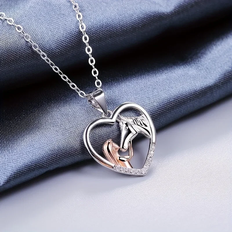 1pc Cute Girl and Horse Two-color Pendant Rose Golden Heart-shaped Necklace Anniversary Party Gifts,Jewelry Niche Style Hot List