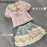 Japanese T shirts Crop Tops Women's Clothes Peter Pan Collar Cartoon Sweet Camisetas Y2k Tshirts Ropa Mujer Summer Cute T-shirt