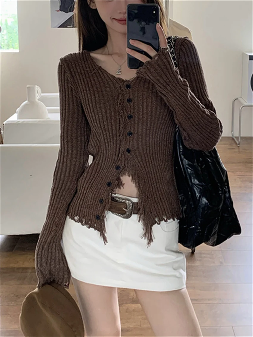 PLAMTEE High Street V-Neck Coats Slim Women Stylish 2024 Sexy Daily OL Full Sleeve New Spring Office Lady Knitted Sweaters