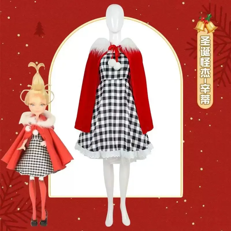 

Anime Cindy Lou Who Cosplay Costume White Fluff Red Hood Cloak Plaid Dress Christmas Lovly Lolita Outfit Halloween Women Girls