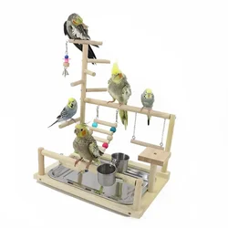 Parrot Playstand Bird Toys Bird Plays Stand Cockatiel Playground Wooden Perch Gym Playground Ladder with Metal Feeder Plate Toy