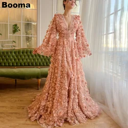 Booma A-Line 3D Flowers Prom Dresses Deep V Neck Long Sleeves Wedding Party Dress High Side Slit Evening Party Gonws for Women