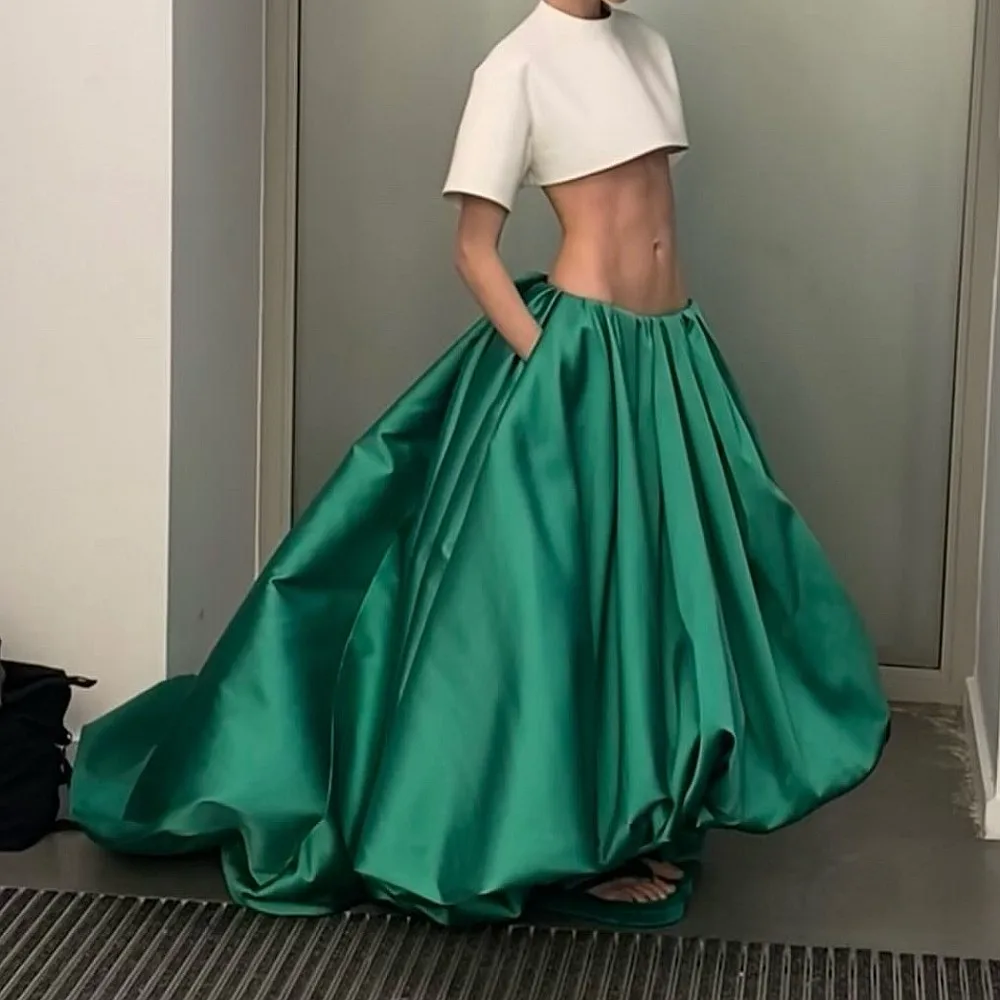 

Dark Green Maxi Skirts Women Saias Girls Satin A Line Party Skirts Long Office Lady Birthday Skirt Without Top