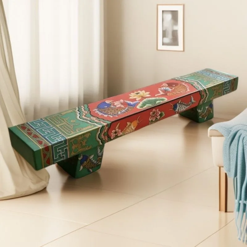 Tibetan painted solid wood bench, retro hand-painted koi lotus bench, shoe stool