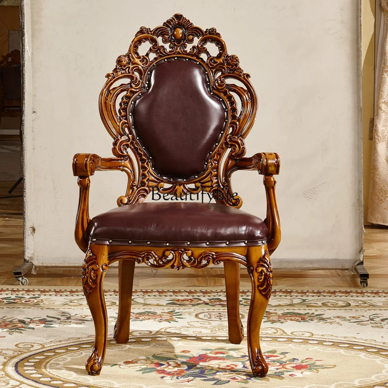 European dining chair, American luxury all-solid wood first-layer leather cowhide dining chair