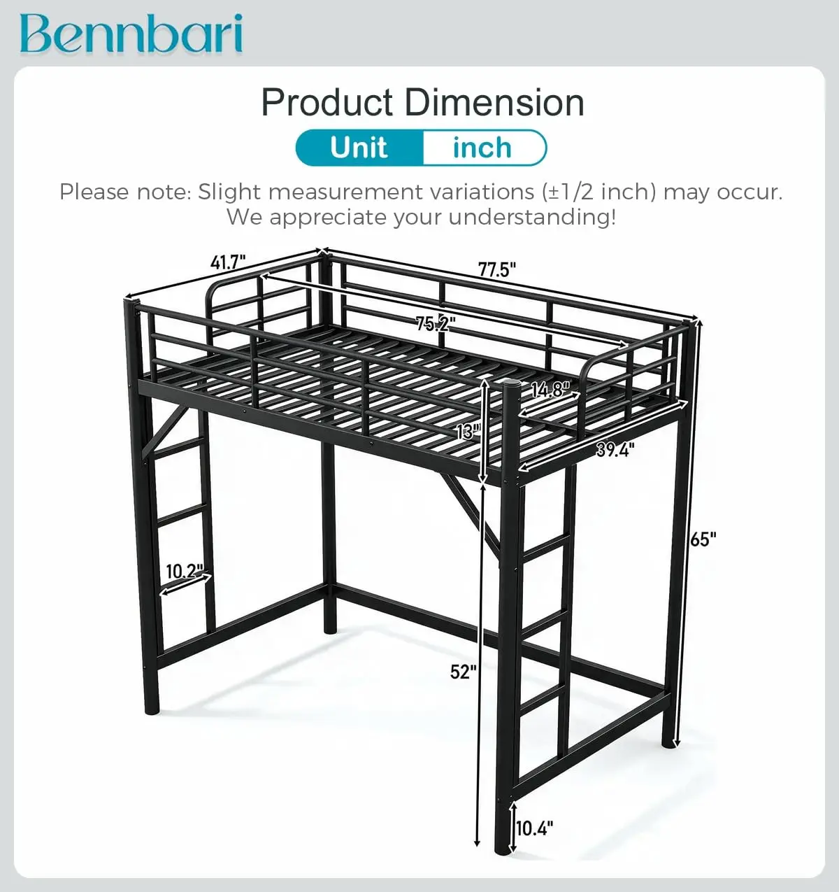 Twin Size Metal Loft Bed Frame with Guardrails and Dual Ladders, Space Saving Metal High Sleeper Bed for Bedroom