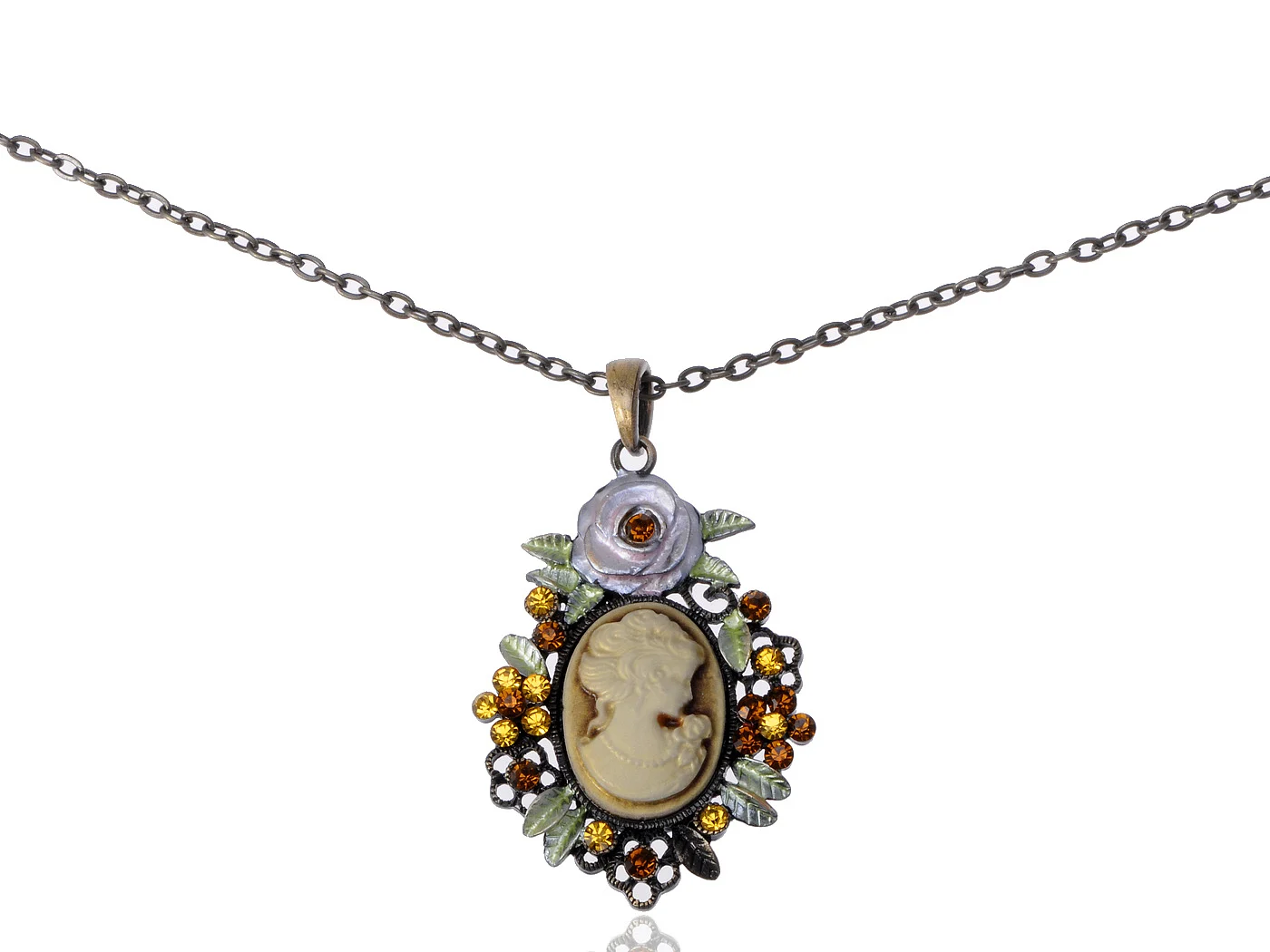 Vintage Inspired Reproduction Floral Cameo Maid Necklace Pendant