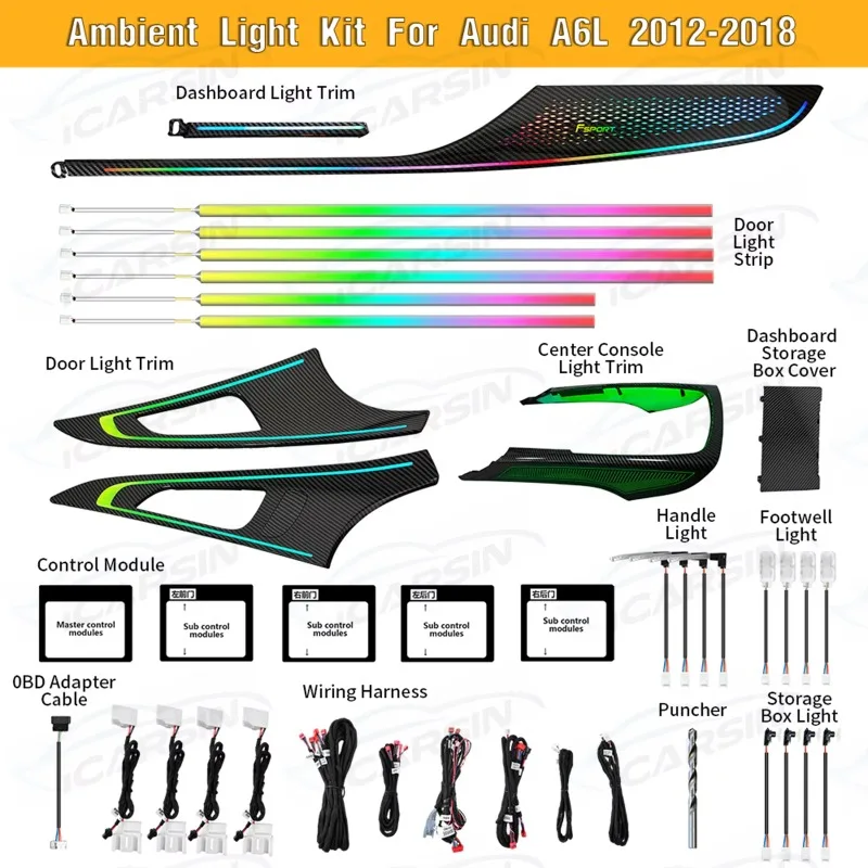 

LED Interior Environment Light Accessories for Audi A6 C7 Carbon Particle Decorative Environment Lighting Upgrade Kit 2012-2018