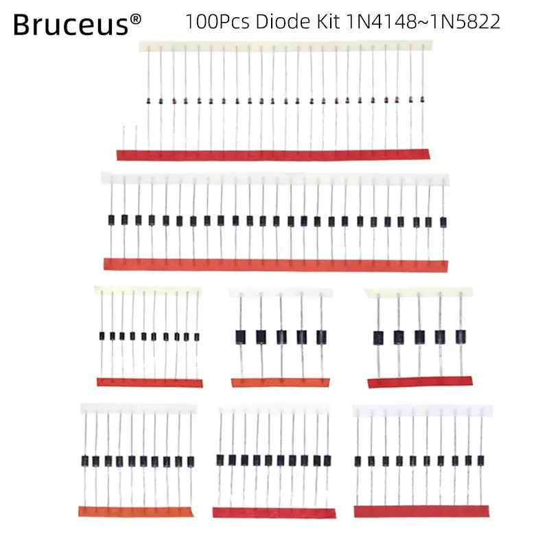 100Pcs 8-Value Schottky Rectifier Diodes Fast Switching Diode Kit 1N4148 1N4007 1N5819 1N5399 1N5408 1N5822 FR107 FR207