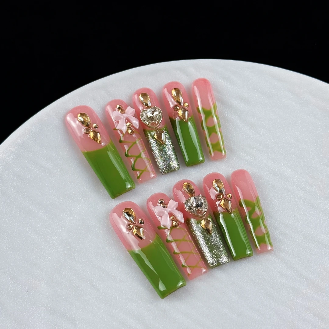 10pcs High-end Fresh girl style, hand-painted bow, hearts, glittering cat eyes and tiny diamonds handmade fake nails