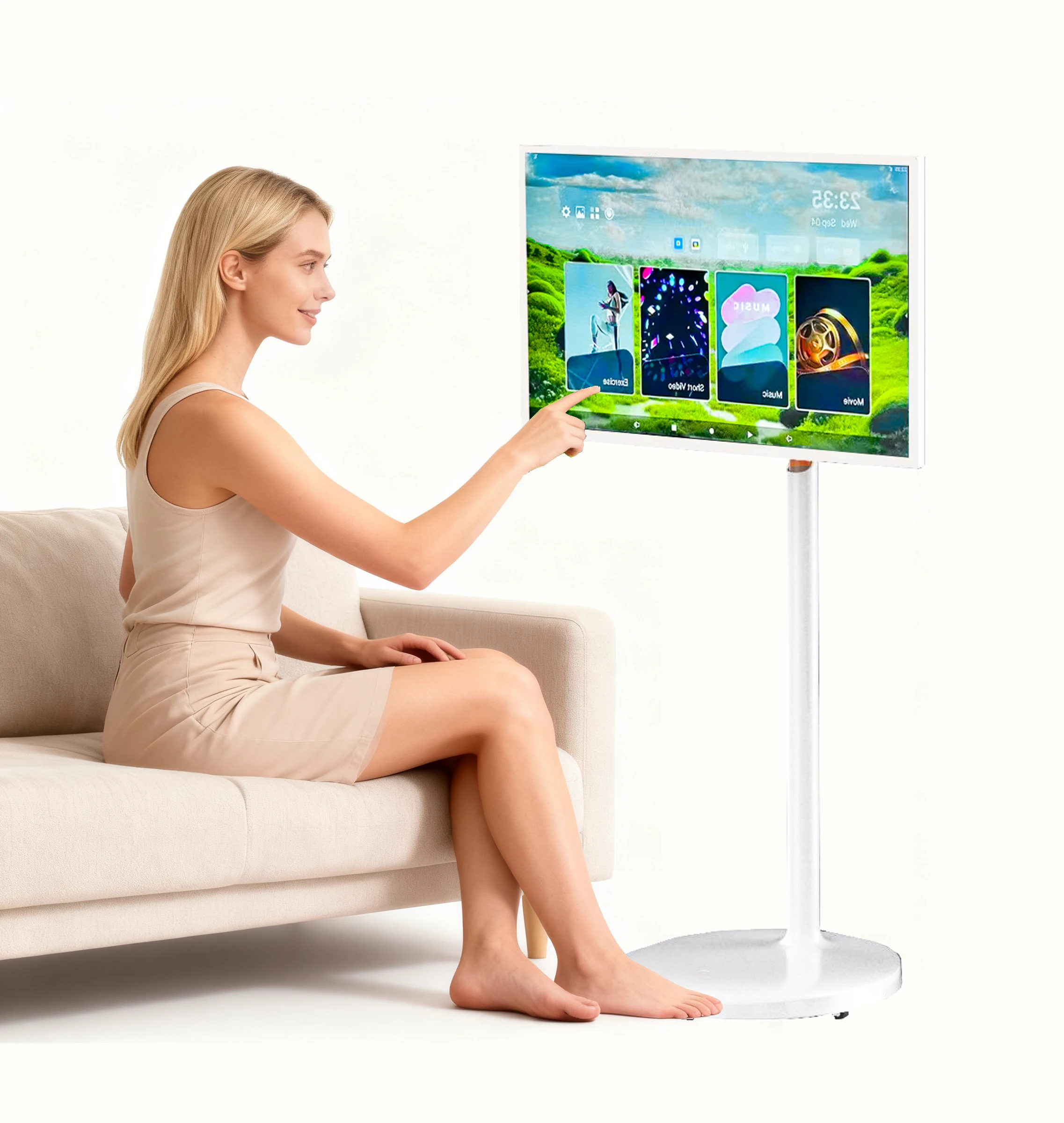 23.8 27 32 Inch Movable Touch Screen LCD Android TV Stand on Wheels Screen Portable HD Mirror Smart TV for Home Entertainment