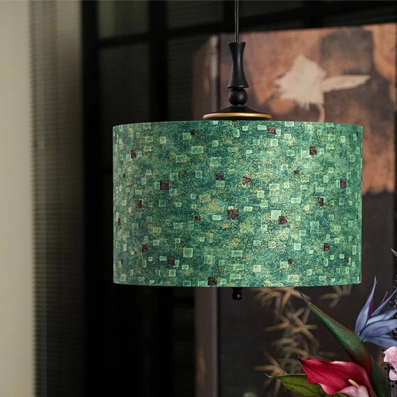 French Vintage Rotundity Green Fabric LED Pendant Lights Wooden Hanging Lamps Living Room Bedroom Restaurant Kitchen Chandelier