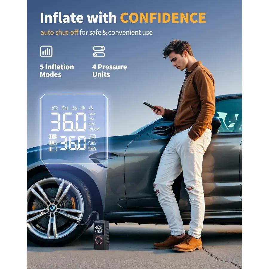 Compressore d'aria portatile Gonfiatore per pneumatici senza fili da 150 PSI per biciclette da moto automatiche e palle sportive con manometro incorporato