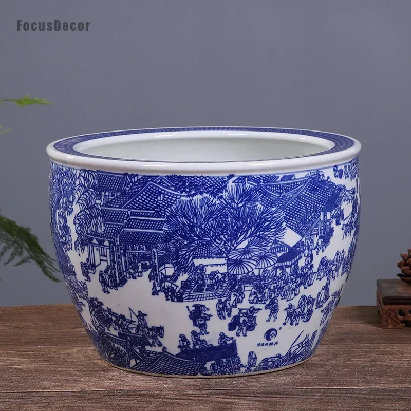 

Oriental 10 Inch Ceramic Planter Blue and White Porcelain Garden Pots Painted Landscape Vintage Pottery Planter Fishbowl Tank 25