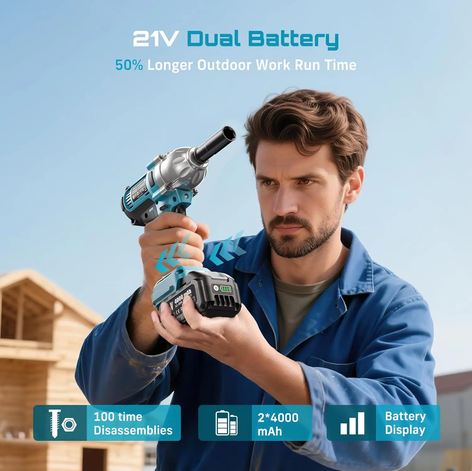 Seesii WH710 Pro 1200N.m Cordless Impact Wrench Brushless 1/2"  Electric High Torque Handheld Impact Gun Kit Battery Powered Tool with 4.0Ah Battery LED Light 6 Sockets view 4