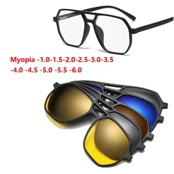 Large Frame Polarized Myopia Sunglasses 6 in 1 Prescription Magnetic Clip Men Women Glasses Optical Eyewear -0.5 to -6.0