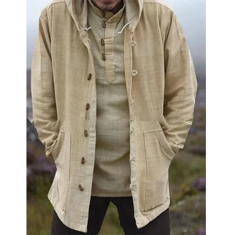 Fashion Vintage Solid Hooded Men Shirt Summer Sexy Long Sleeve Button Cardigan Thin Coat Spring Men Casual Loose Windbreaker