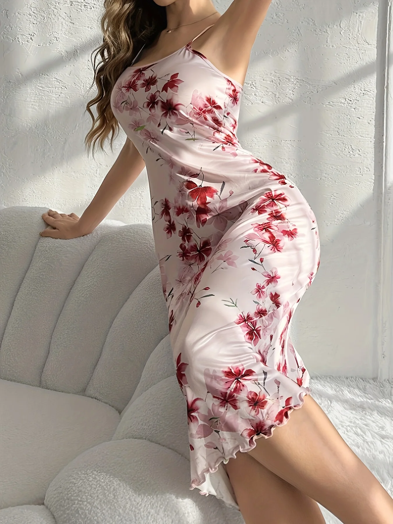 Summer ladies new hot selling flowers printed pure desire wind pink fungus edge in a long milk silk sling nightdress can be worn