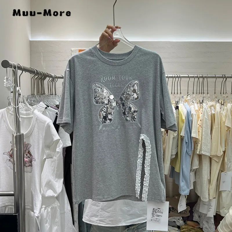 

2024 Summer Korean Casual Butterfly Sequins Short Sleeve Round Neck T-Shirts Women's Fashion Loose Sweet Slit Tees Loose Tops