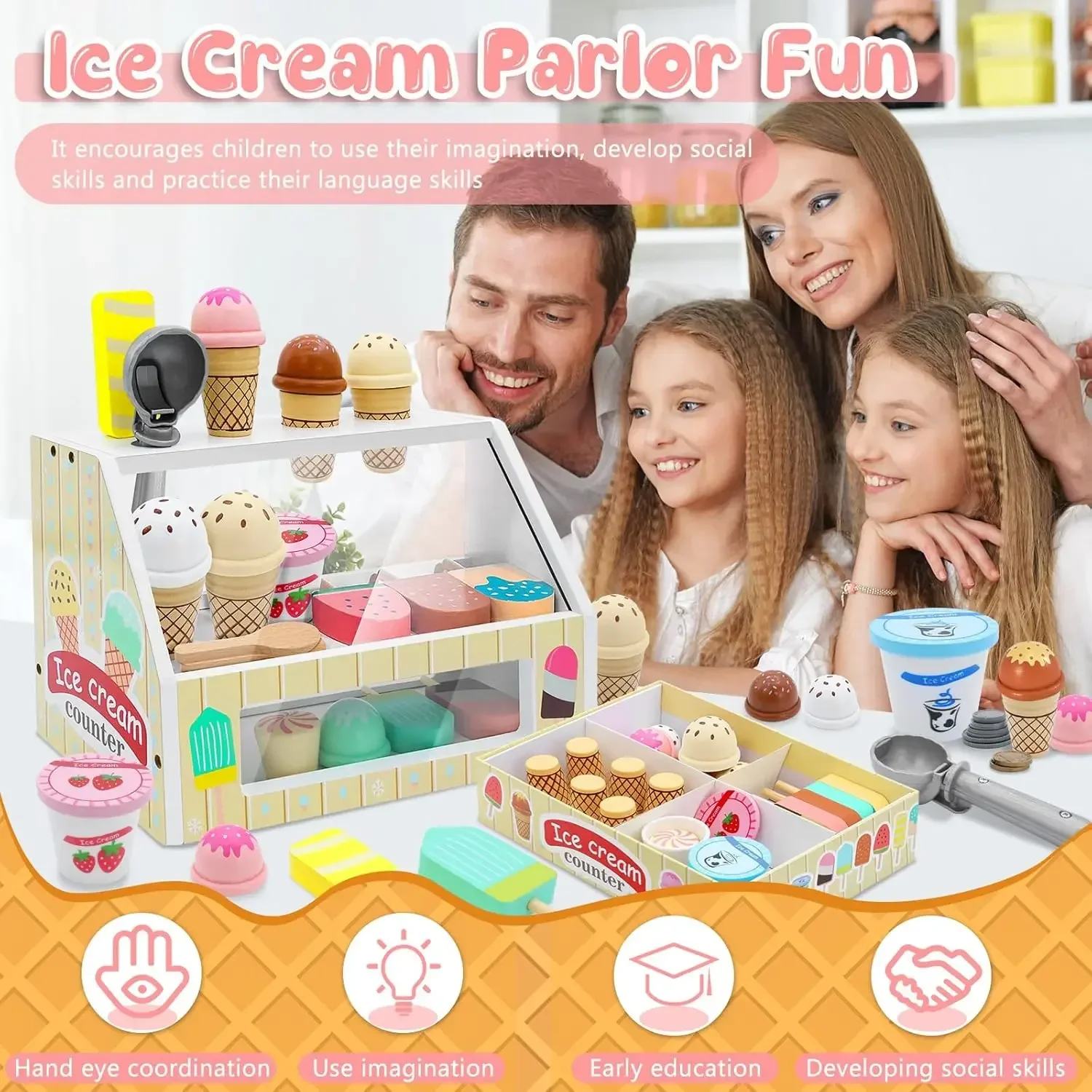 幼児用木製アイスクリームカウンタープレイセット、モンテッソーリごっこ遊び食品おもちゃキッチンアクセサリー