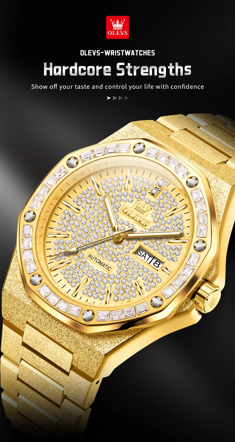 OLEVS 9803 Voll Diamantbesetzte Automatische Mechanische Uhren für Herren Luxus Edelstahl Wasserdicht Doppelkalender Business Herrenuhr – Detail 1