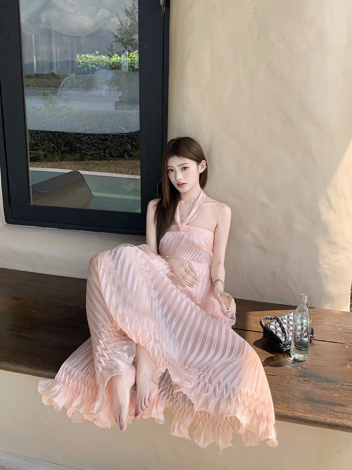 

Pink Halter Neck Top And Long A-Line Pleated Skirt Two-Piece Set for Women Beautiful Early Spring Fashion Outfit Earth Store