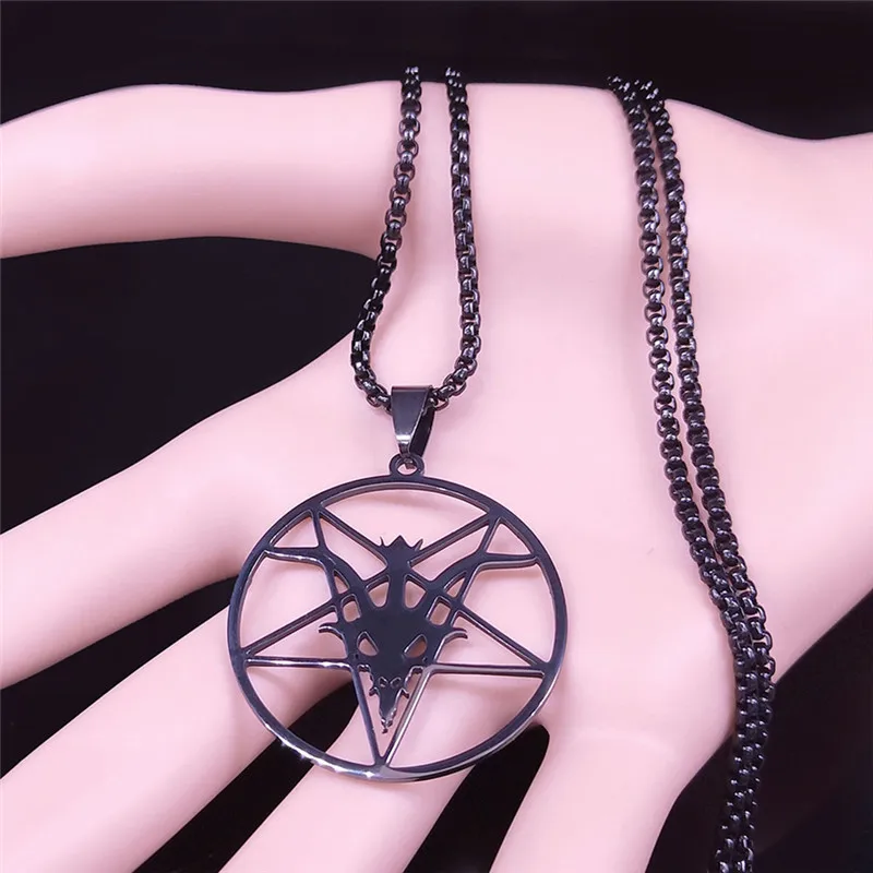 Satan to Pentagram Sheep Head Chain Necklace Stainless Steel Men Black Color Long Necklaces Jewelry collares largos N1022S06