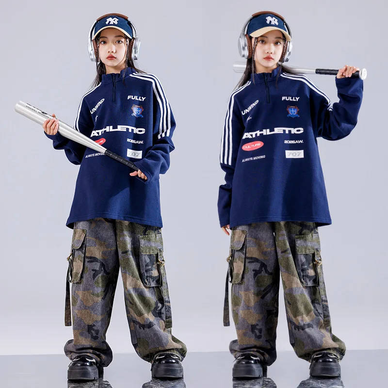 Children Hip Hop Dance Costume Girls Blue Sweat Tops Cargo Pants Streetwear Children Modern Jazz Dance Stage Performance Clothes