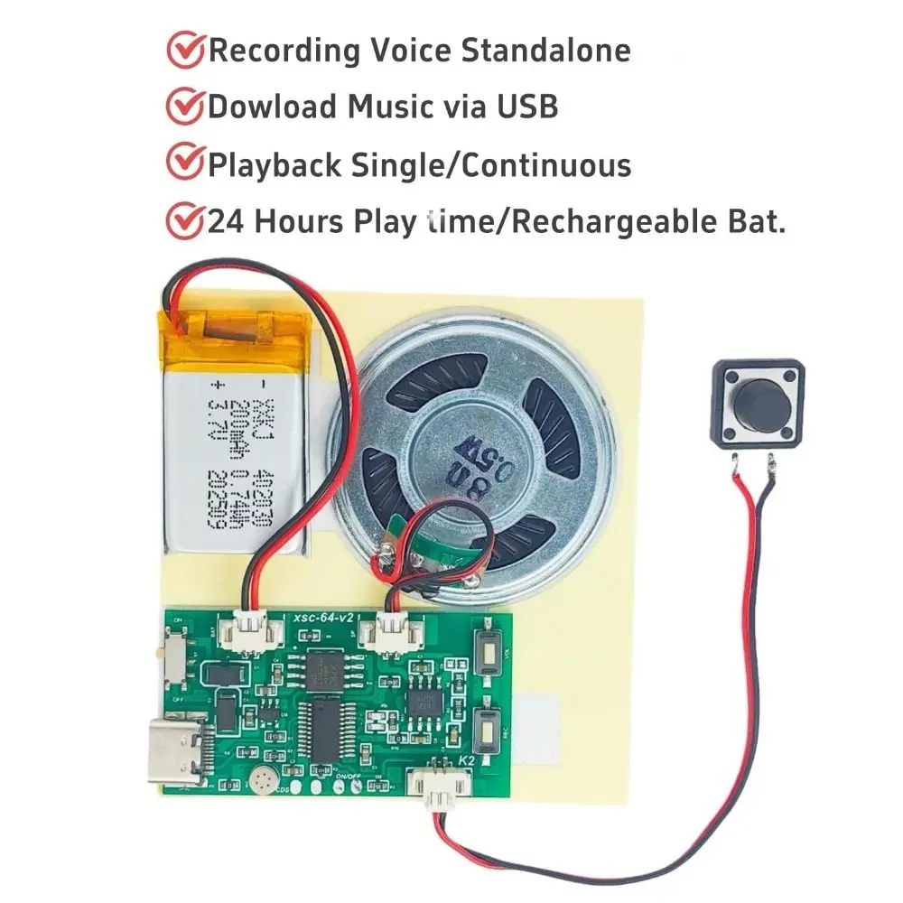 Rechargeable Recordable Sound Module Type C Button Control Sound Recording Module Reusable Music Box Kit Electronic Component