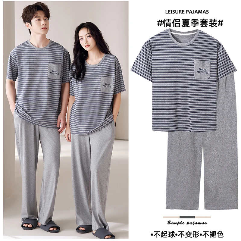 

Высококачественный летний полосатый пижамный комплект для пар (мужской и женский) из 100% хлопка с коротким рукавом и вкладышами на груди