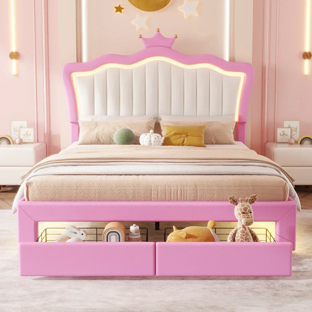 Groot gestoffeerd bedframe met LED-verlichting, modern gestoffeerd prinsessenbed met kroonhoofdeinde, 2 lades, roze stapelbed voor kinderen