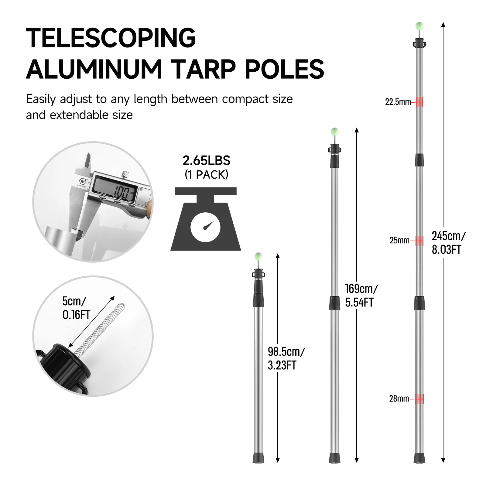 SANLIKE Telescoping Tarp Poles Tent Poles, 96" Aluminum Canopy Poles Extendable Pole for Awning Shelter Camping Hiking Backpacki view 3