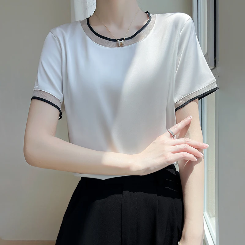 Women\'s Silk Satin Fabric Blouse Short Sleeve T-Shirt Mesh Stitching Short Sleeve Loose Temperament Blouse 2024 New Model