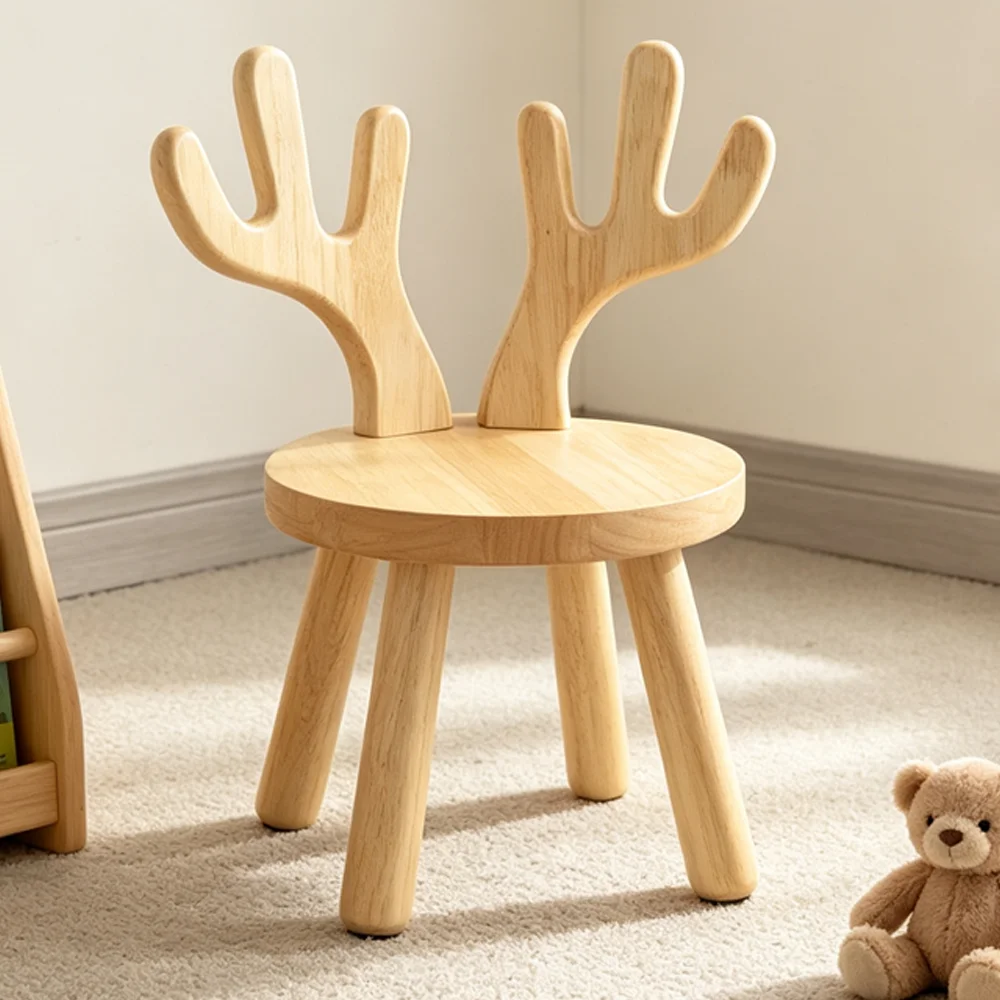 Multifunctional Wooden Chair Cute Animal Deer Stool Natural Solid Wood Wax Oil Finish Shoe Stool for Furniture Living Room Sudy