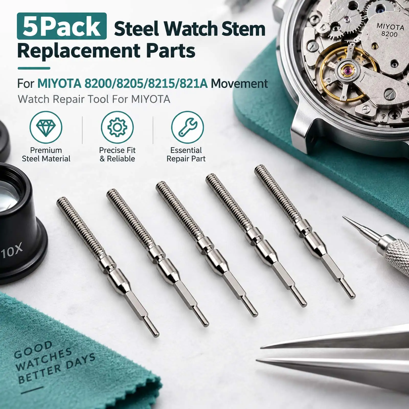 5 Pack Practical Steel Watch Stem Crown Kit For Miyota 8200 8205 8215 821A Watch Movement Stem Replace Accessories