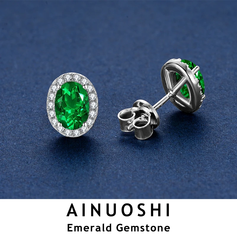 

AINUOSHI 5x7mm Artificial Emerald Earrings 925 Sterling Silver Oval Cut Gemstone Stud Earring For Women Temperament Jewelry