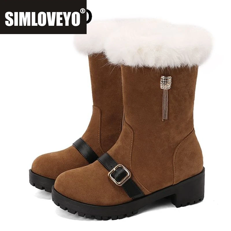 

SIMLOVEYO Зимние зимние ботинки с круглым носком на толстом каблуке из флока, замша, молния, металлическое украшение, большие размеры 41, 42, 43, теплые плюшевые повседневные бота